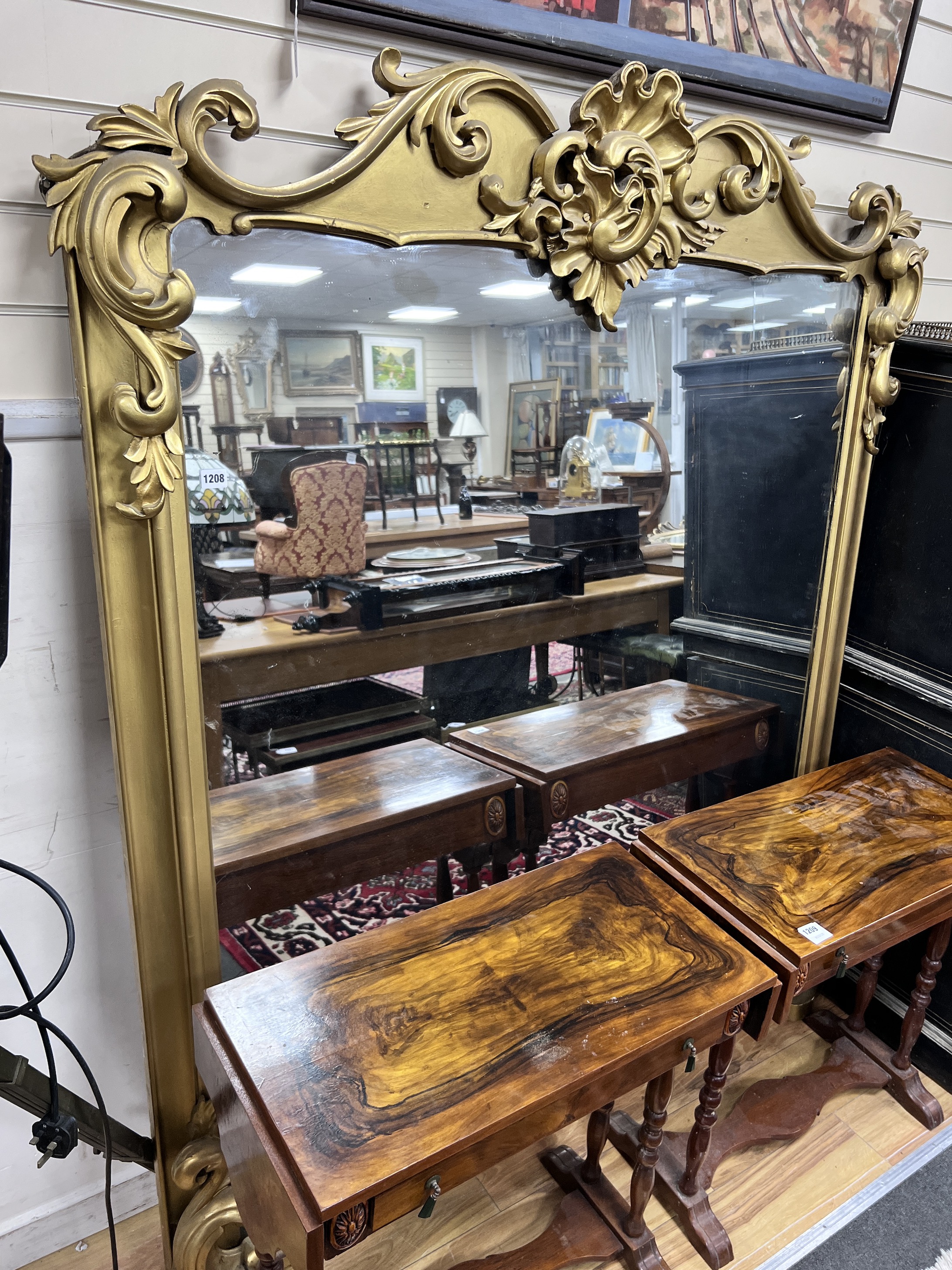 A late Victorian gold painted overmantel mirror, width 154cm, height 176cm